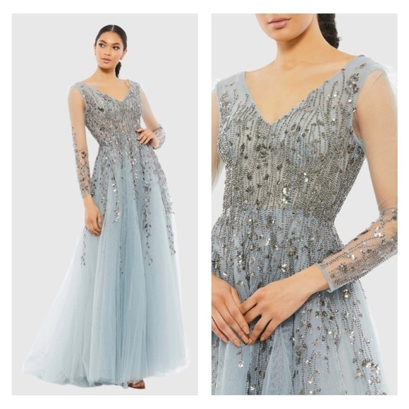 MAC DUGGAL 20295 NWT Embellished V Neck Long Sleeve A Line Gown in platinum - Picture 1 of 14